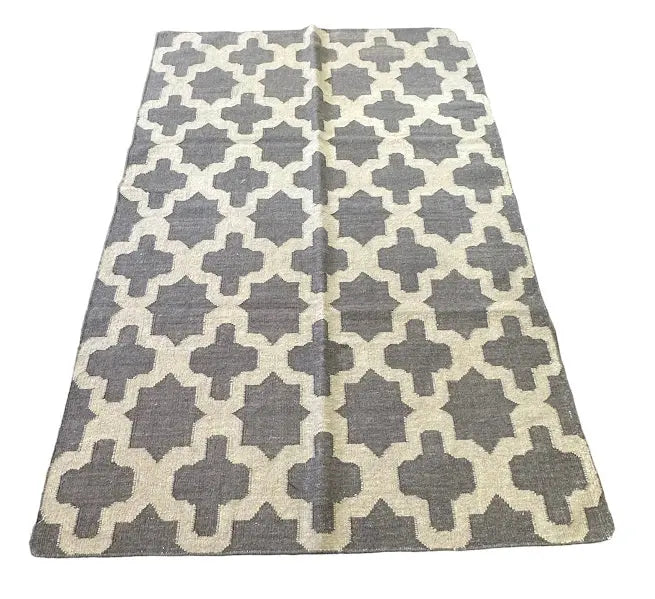 Handmade Vintage Wool Rug Turkish Kilim Gray Geometric Design 4'11 x 7'9 I Got Rugs