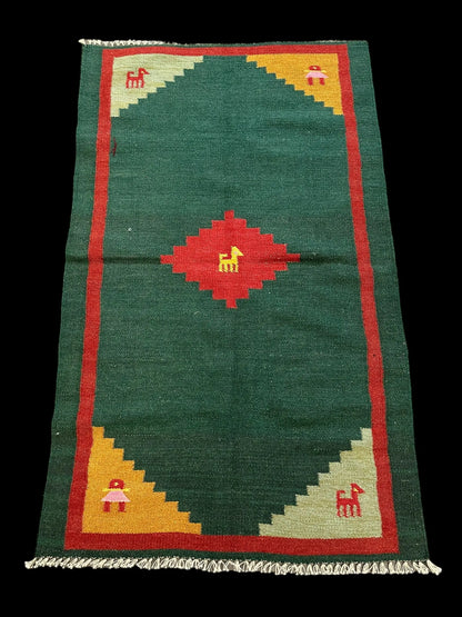 Handmade Vintage Wool Rug Turkish Kilim Green Gabbeh Style Design 2'11 x 4'9 I Got Rugs