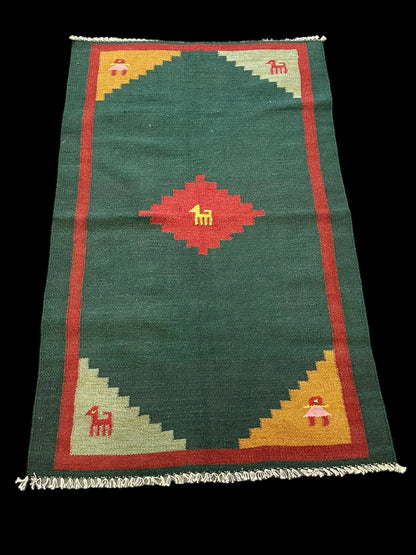 Handmade Vintage Wool Rug Turkish Kilim Green Gabbeh Style Design 2'11 x 4'9 I Got Rugs