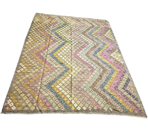 Handmade Vintage Wool Rug Turkish Kilim Multicolor Diamond Design 5'11 x 7'8 - I Got Rugs Handmade Vintage Wool Rug Turkish Kilim Multicolor Diamond Design 5'11 x 7'8 I Got Rugs Handmade Vintage I Got Rugs  1250.00