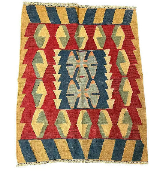 Handmade Vintage Wool Rug Turkish Kilim Multicolor Geometric 2'11 x 3'10 I Got Rugs