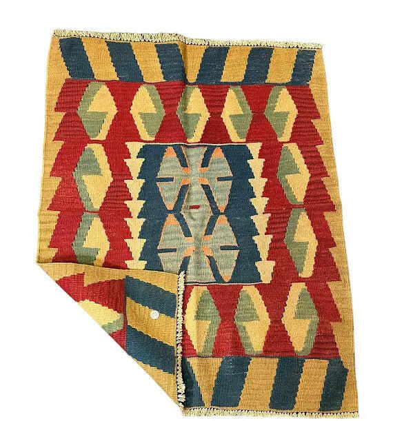 Handmade Vintage Wool Rug Turkish Kilim Multicolor Geometric 2'11 x 3'10 I Got Rugs