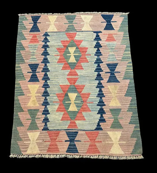 Handmade Vintage Wool Rug Turkish Kilim Multicolor Geometric Pattern 2'11 x 3'7 I Got Rugs