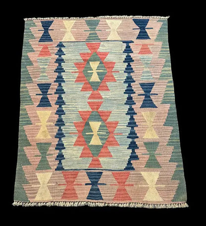 Handmade Vintage Wool Rug Turkish Kilim Multicolor Geometric Pattern 2'11 x 3'7 I Got Rugs