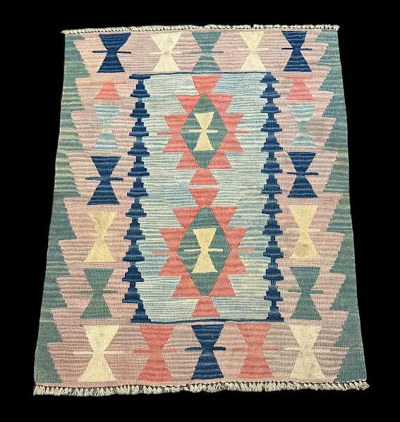 Handmade Vintage Wool Rug Turkish Kilim Multicolor Geometric Pattern 2'11 x 3'7 I Got Rugs