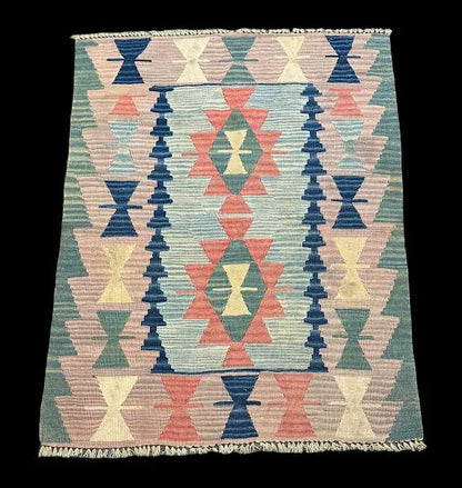 Handmade Vintage Wool Rug Turkish Kilim Multicolor Geometric Pattern 2'11 x 3'7 I Got Rugs
