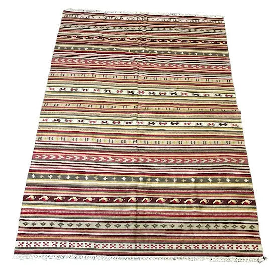 Handmade Vintage Wool Rug Turkish Kilim Multicolor Striped Design 5'6 x 7'10 I Got Rugs