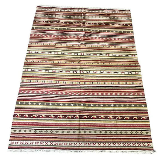 Handmade Vintage Wool Rug Turkish Kilim Multicolor Striped Design 5'6 x 7'10 I Got Rugs