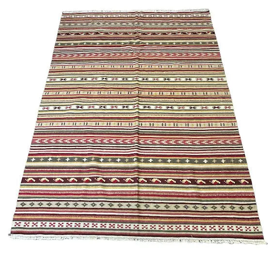 Handmade Vintage Wool Rug Turkish Kilim Multicolor Striped Design 5'6 x 7'10 I Got Rugs