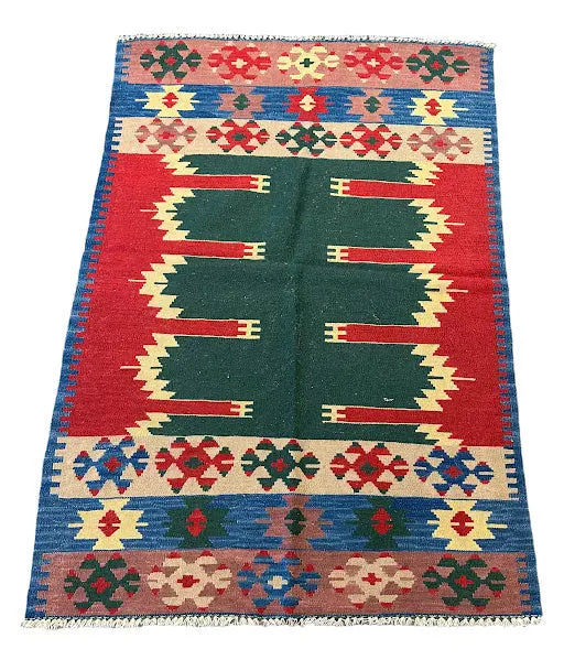 Handmade Vintage Wool Rug Turkish Kilim Multicolor Tribal Design 3'8 x 5'7 I Got Rugs