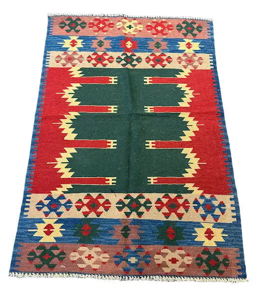 Handmade Vintage Wool Rug Turkish Kilim Multicolor Tribal Design 3'8 x 5'7 I Got Rugs