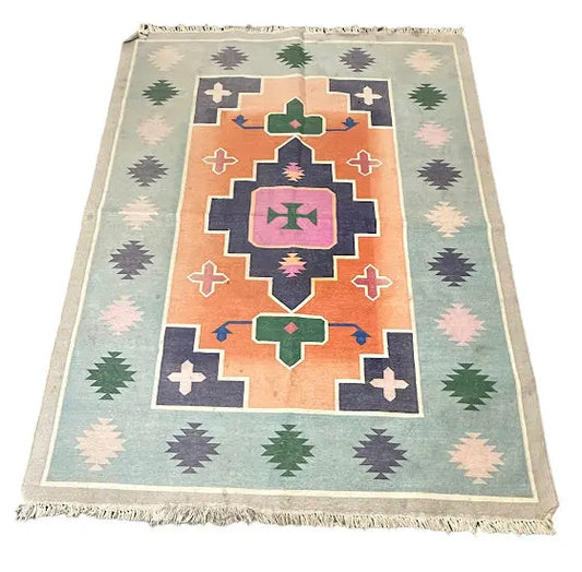 Handmade Vintage Wool Rug Turkish Kilim Oriental Design Blue 5'1 x 6'11 I Got Rugs