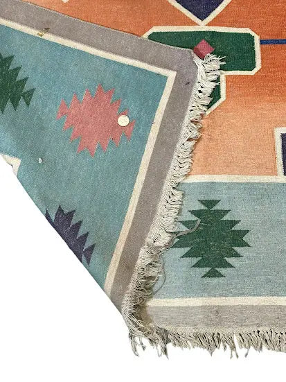 Handmade Vintage Wool Rug Turkish Kilim Oriental Design Blue 5'1 x 6'11 I Got Rugs