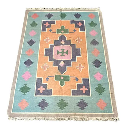 Handmade Vintage Wool Rug Turkish Kilim Oriental Design Blue 5'1 x 6'11 I Got Rugs