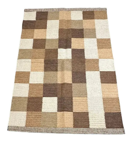 Handmade Vintage Wool Rug Turkish Kilim Square Design Brown 4' x 5'10 I Got Rugs