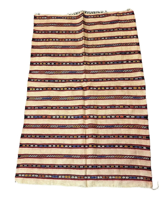 Handmade Vintage Wool Rug Turkish Kilim Stripe Design Beige 3' x 4'8 I Got Rugs