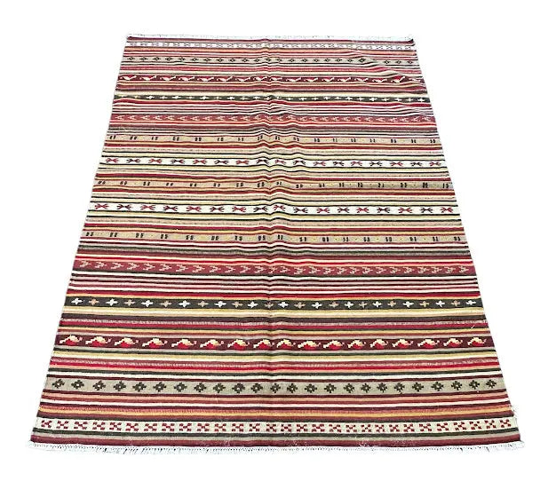Handmade Vintage Wool Rug Turkish Kilim Striped Design 5'7 x 7'8 I Got Rugs