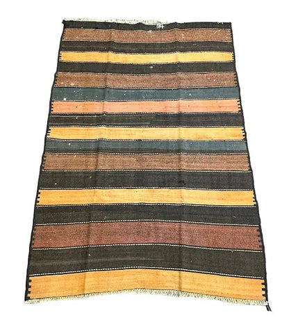 Handmade Vintage Wool Rug Turkish Kilim Striped Pattern 4'4 x 6'7 I Got Rugs