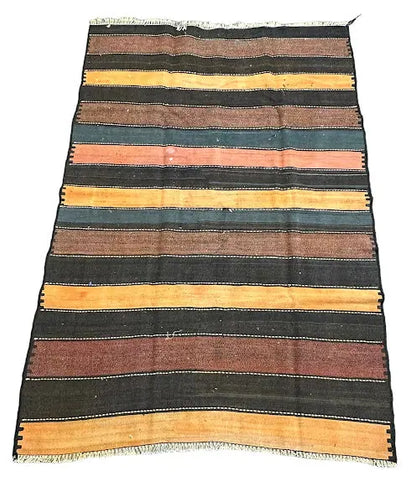 Handmade Vintage Wool Rug Turkish Kilim Striped Pattern 4'4 x 6'7 I Got Rugs