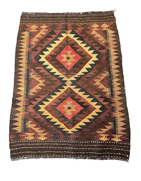 Handmade Vintage Wool Rug Turkish Kilim Tribal Design Multicolor 3' x 4'1 I Got Rugs