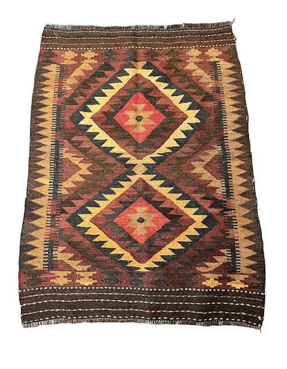 Handmade Vintage Wool Rug Turkish Kilim Tribal Design Multicolor 3' x 4'1 I Got Rugs