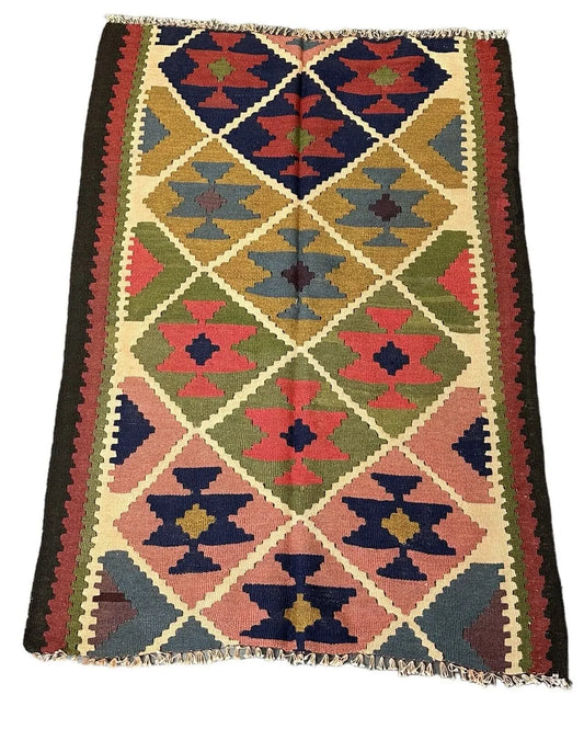 Handmade Vintage Wool Rug Turkish Kilim Tribal Design Multicolor 3' x 4'4 I Got Rugs