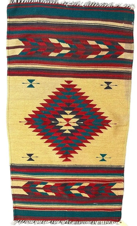 Handmade Vintage Wool Rug Turkish Southwestern Design Beige, Green, Red 2'5 x 4'5 I Got Rugs