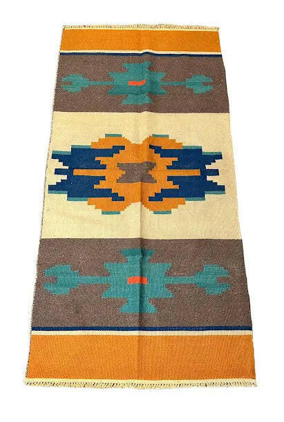 Handmade Vintage Wool Rug Turkish Village Design Orange and Blue 2'8 x 5'8 I Got Rugs