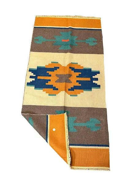Handmade Vintage Wool Rug Turkish Village Design Orange and Blue 2'8 x 5'8 I Got Rugs