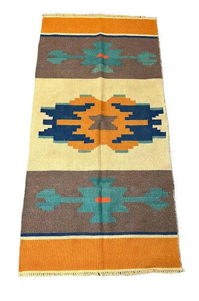 Handmade Vintage Wool Rug Turkish Village Design Orange and Blue 2'8 x 5'8 I Got Rugs