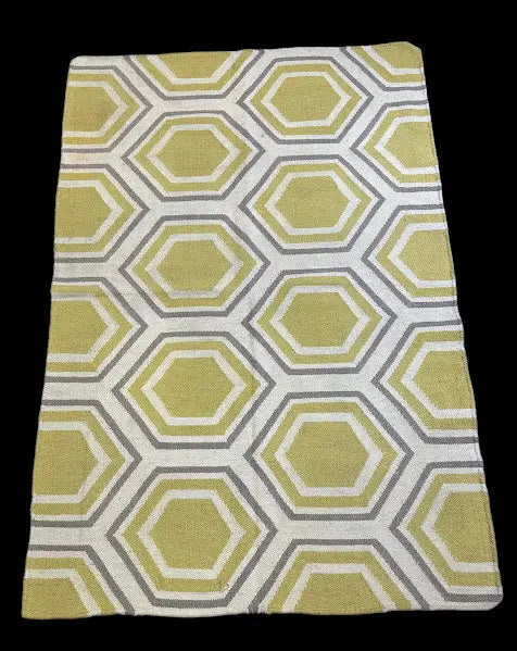 Handmade Vintage Wool Rug Yellow Turkish Kilim Hexagon Pattern 3'7 x 5'3 I Got Rugs