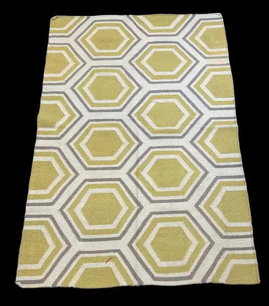 Handmade Vintage Wool Rug Yellow Turkish Kilim Hexagon Pattern 3'7 x 5'3 I Got Rugs