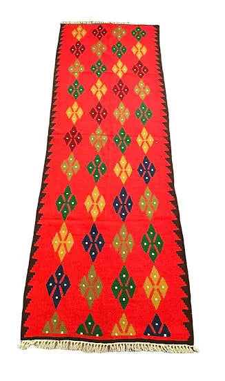 Handmade Vintage Wool Runner Rug Red Turkish Kilim Geometric 3'2 x 9'3 I Got Rugs