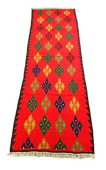 Handmade Vintage Wool Runner Rug Red Turkish Kilim Geometric 3'2 x 9'3 I Got Rugs