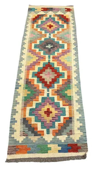 Handmade Vintage Wool Runner Rug Turkish Kilim Geometric Design 2'8 x 7'11 I Got Rugs