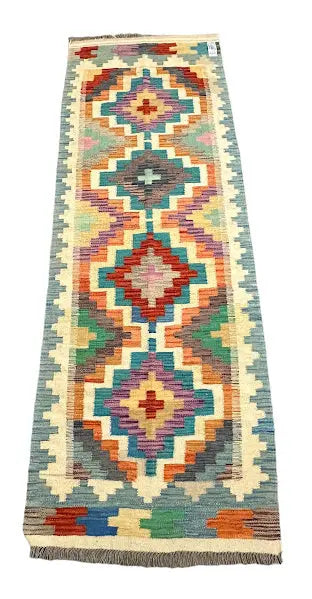Handmade Vintage Wool Runner Rug Turkish Kilim Geometric Design 2'8 x 7'11 I Got Rugs