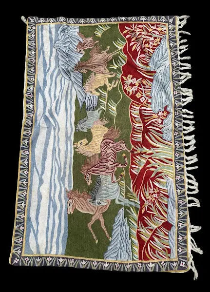 Handmade Vintage Wool Tapestry Colorful Horse Pictorial 4'3 x 6'9 I Got Rugs