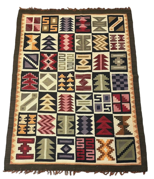 Handmade Vintage Rug Wool Turkish Multicolor/ Multi Geometric Designs 3'6 x 4'8 I Got Rugs