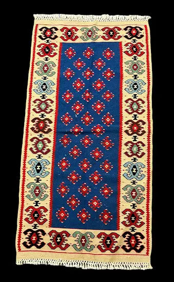 Handmade Vintage Wool Rug Turkish Kilim Geometric  Blue/ Multicolor 1'11 x 3'10 I Got Rugs