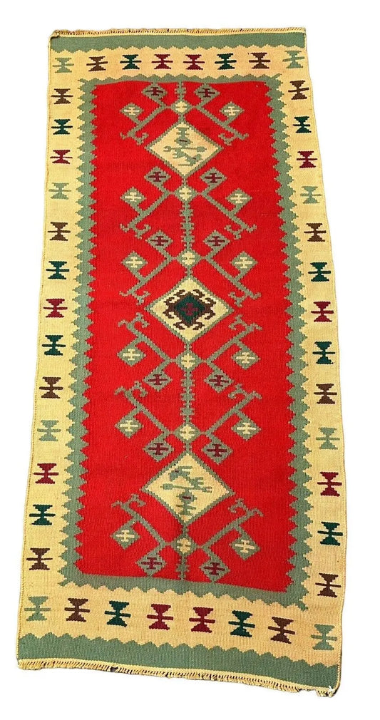 Handmade Vintage Wool Rug Turkish Kilim Geometric Design Red/Multicolor 2'5x 4'8 I Got Rugs
