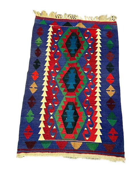 Handmade Vintage Wool Mini Rug Turkish Kilim Geometric Blue/ Multicolor 2'6 x 3'11 I Got Rugs