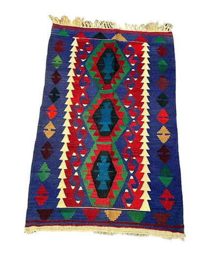 Handmade Vintage Wool Mini Rug Turkish Kilim Geometric Blue/ Multicolor 2'6 x 3'11 I Got Rugs