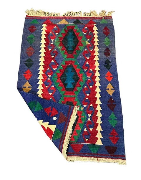 Handmade Vintage Wool Mini Rug Turkish Kilim Geometric Blue/ Multicolor 2'6 x 3'11 I Got Rugs