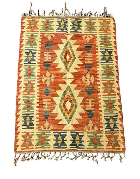 Handmade Vintage Wool Rug Turkish Kilim Geometric Design Orange/ Multicolor 2'7 x 3'11 I Got Rugs