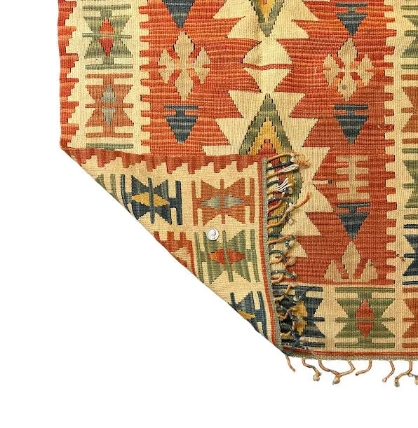 Handmade Vintage Wool Rug Turkish Kilim Geometric Design Orange/ Multicolor 2'7 x 3'11 I Got Rugs