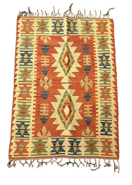 Handmade Vintage Wool Rug Turkish Kilim Geometric Design Orange/ Multicolor 2'7 x 3'11 I Got Rugs