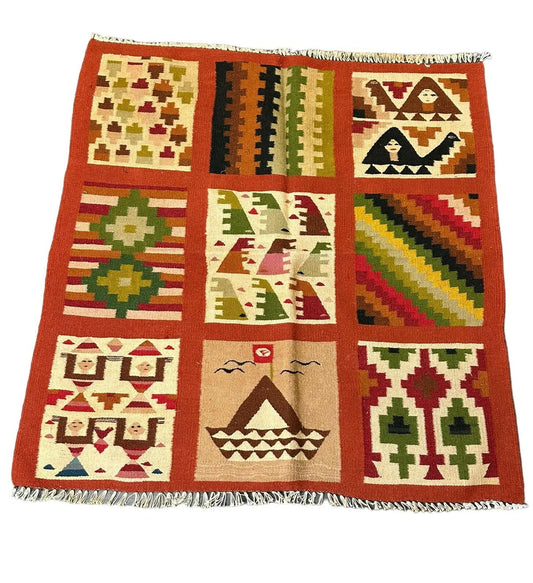 Handmade Vintage Wool Rug Turkish Kilim Multipattern Orange/Multicolor 3'2 x 3'4 I Got Rugs