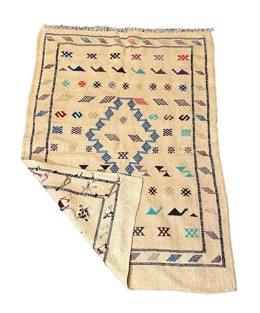Handmade Vintage Rug Moroccan Kilim Bohemian Design Tan/Multicolor 3'2 x 4'8 I Got Rugs