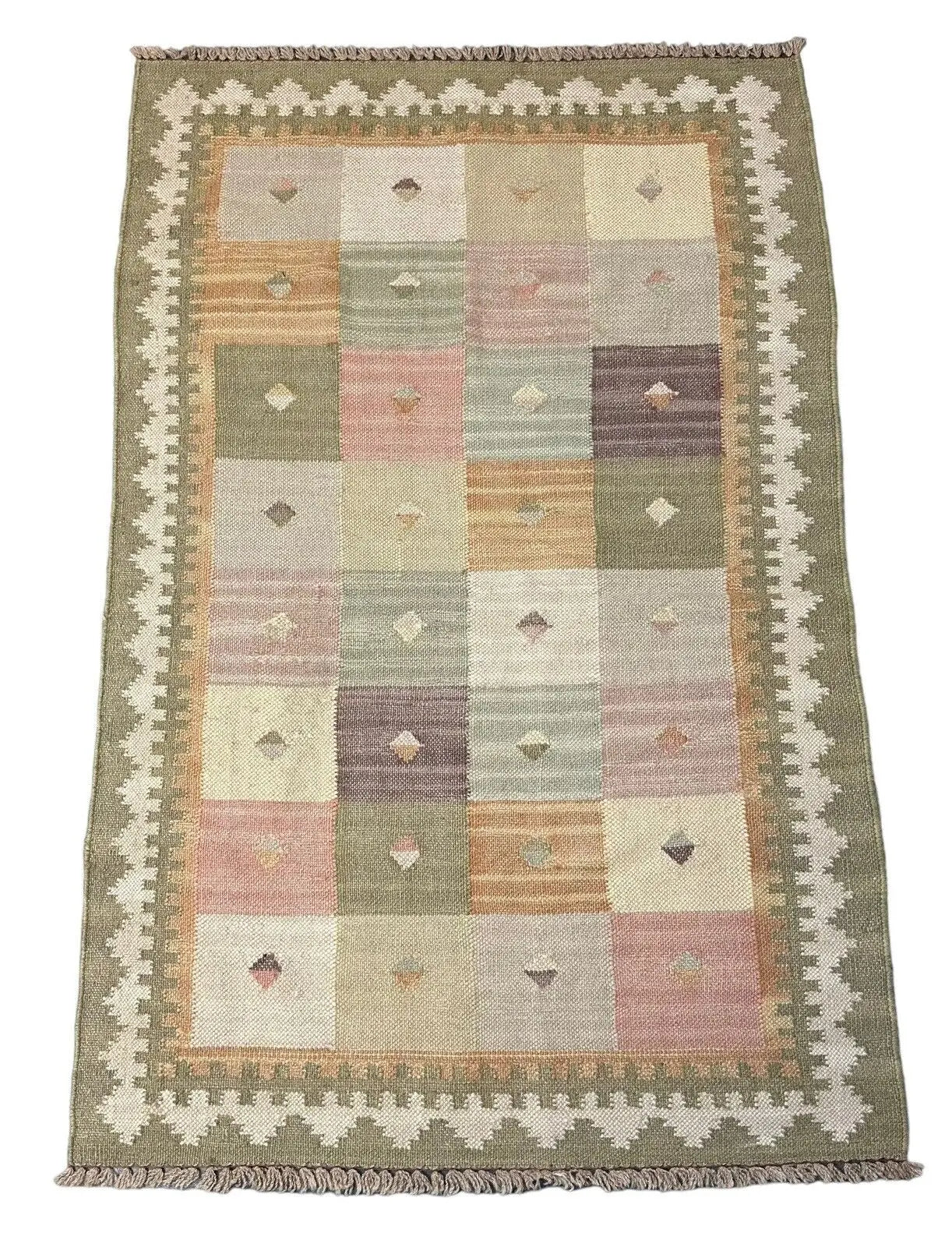 Handmade Vintage Rug 100% Wool Turkish Green/ Multicolor Design 3'1 x 4'10 I Got Rugs