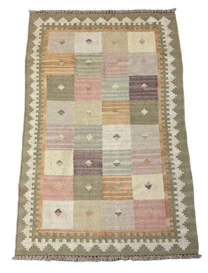 Handmade Vintage Rug 100% Wool Turkish Green/ Multicolor Design 3'1 x 4'10 I Got Rugs